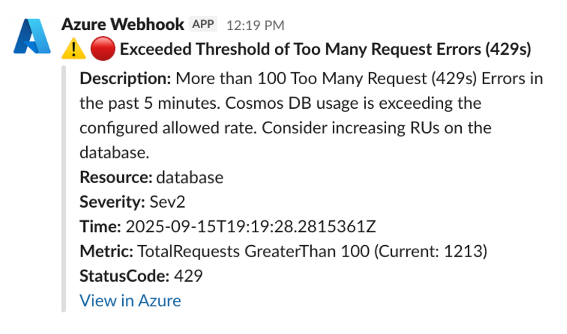 Example Slack message of a Cosmos DB alert for too many 429s