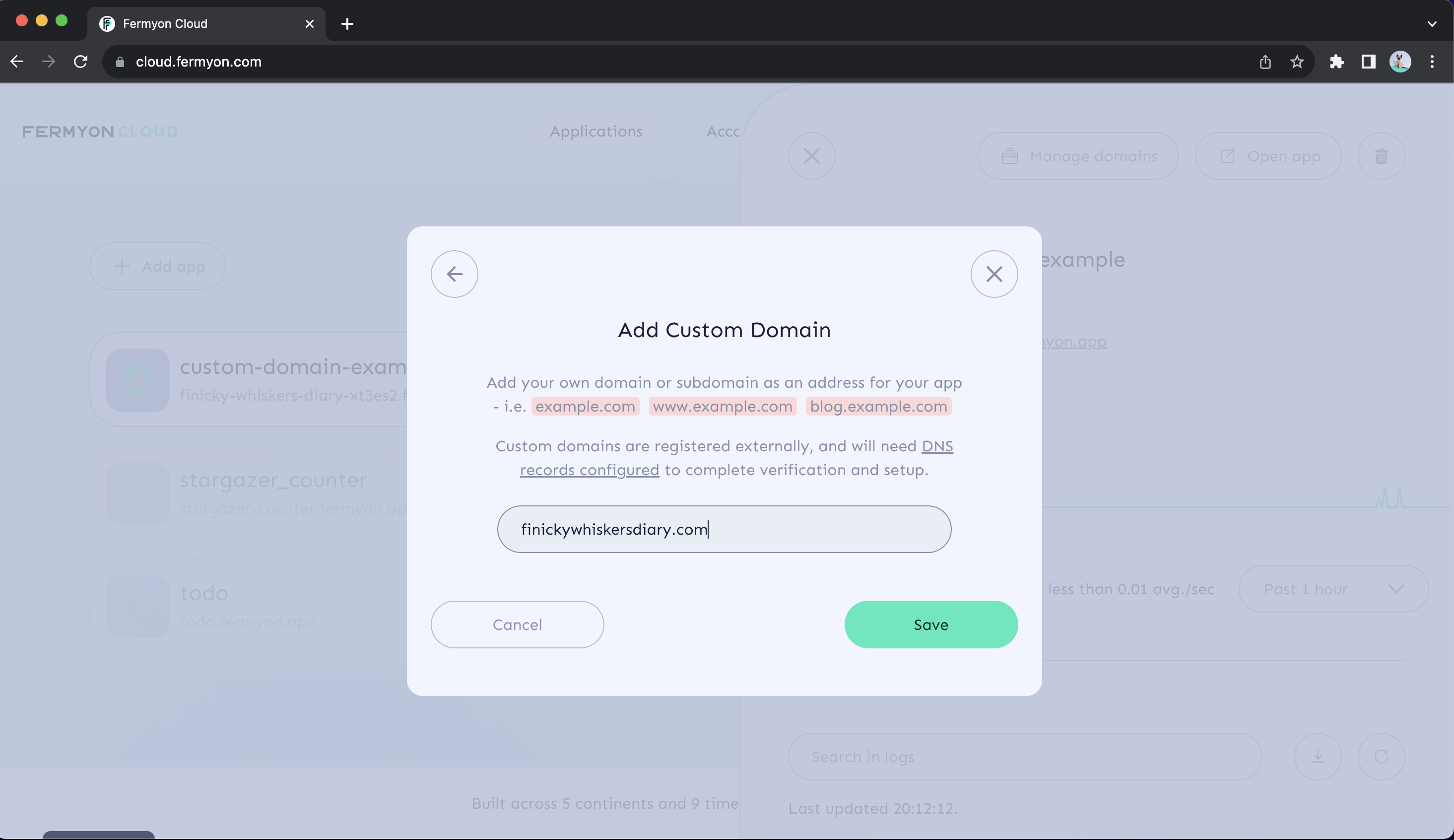 User providing Fermyon Cloud with the domain