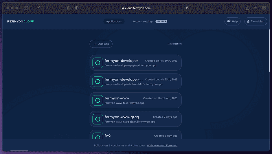 Fermyon Cloud Dashboard opened to the cloud-start sample appplication