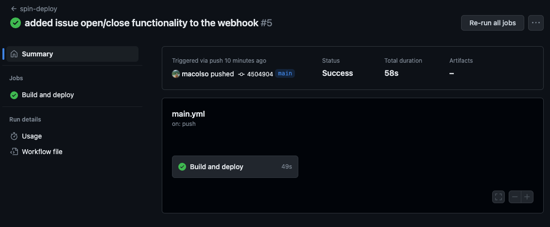 A successful run for spin/deploy GitHub Action