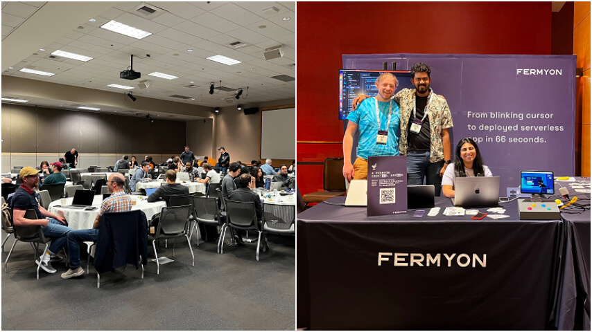 A collage of two photographs. On the left is a grey room where people at dinner-theater seating chat or work at laptops. On the right is the Fermyon booth, with two men (Caleb and Karthik) standing and a woman (Michelle) sitting at the table.