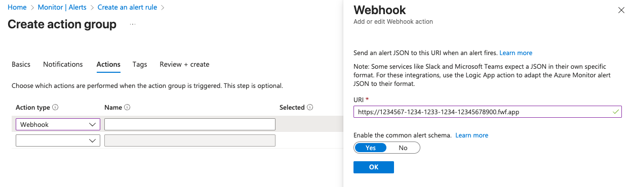 Creating an Azure alert group that is connected to the Spin Azure Slack Bridge application