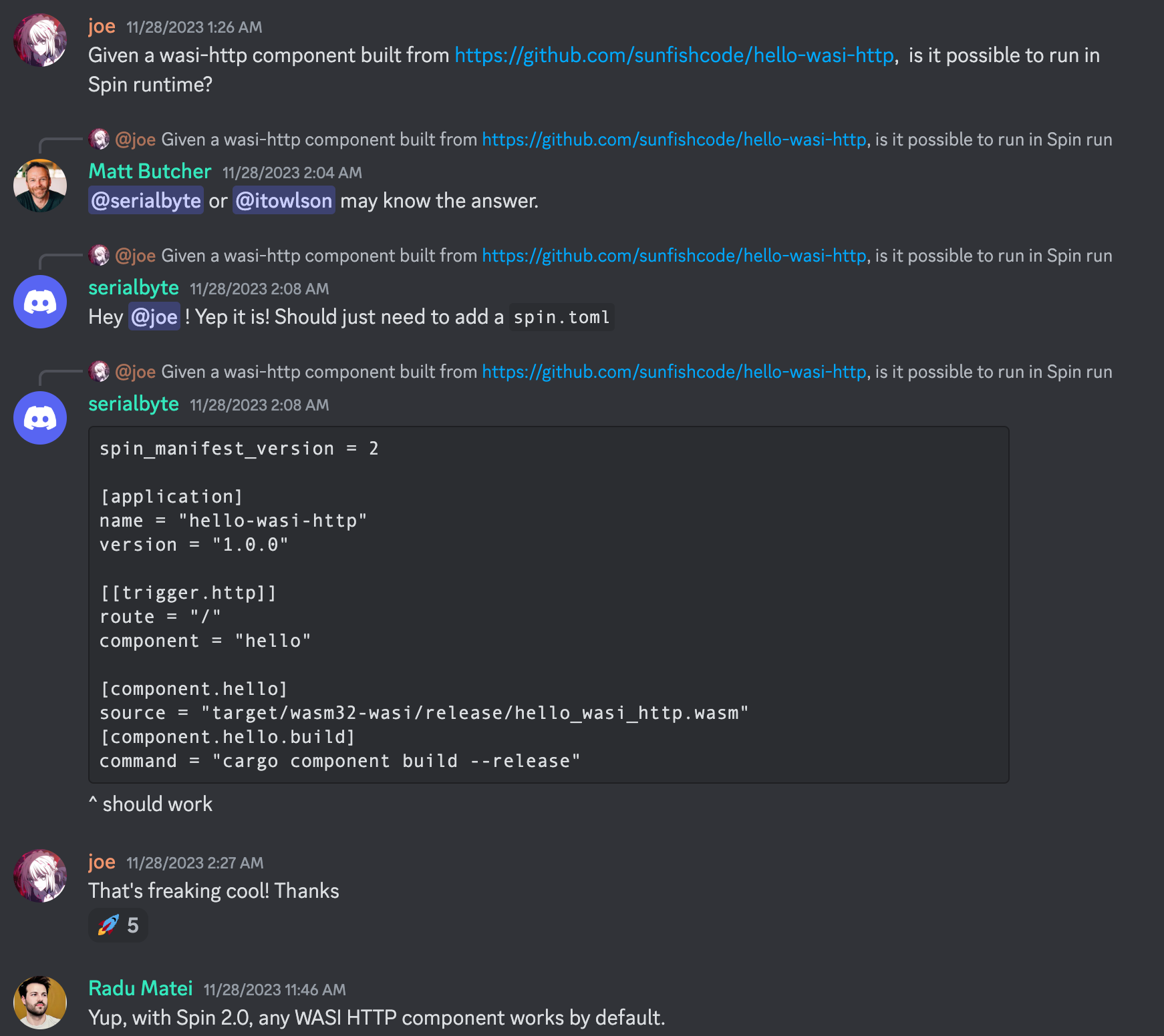 Discord chat, praising compatibility across Wasmtime and Spin
