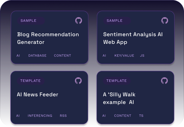 Visit the Spin Up Hub for example apps and code templates for working with AI in your serverless apps.