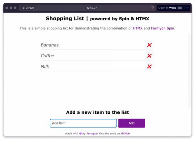 screenshot of spin and htmx powered app
