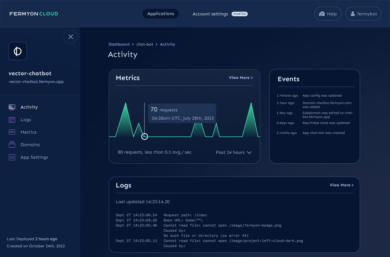 Log into Fermyon Cloud to view and manage your WebAssembly apps, configure domains, check on logs, and see status - free to use!