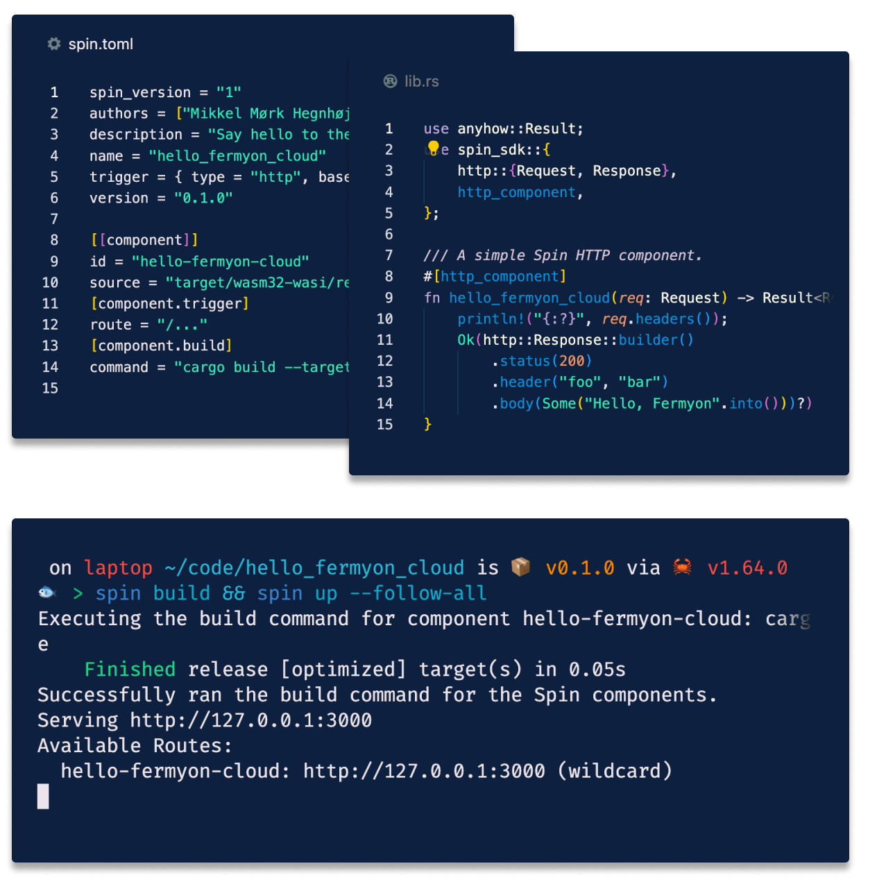 Keep the development loop simple. Create a project with 'spin new'. Build it with spin build. And test it locally with spin up.